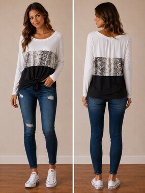 WHITE BIRCH COLOR BLOCK LONG SLEEVE TIED BOTTOM TOP